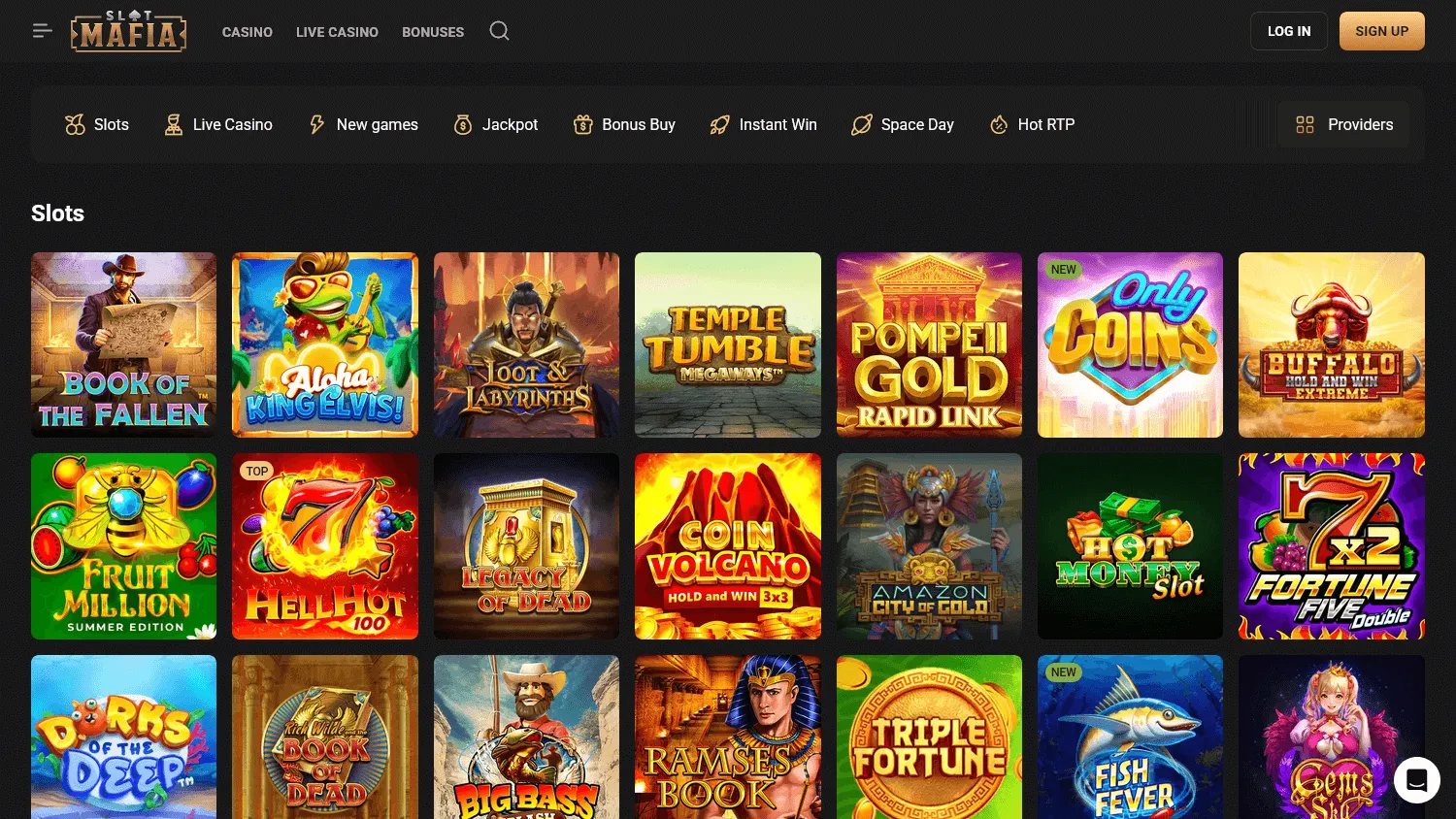 Slot Mafia Casino desktop selection of casino, live and instant-win games