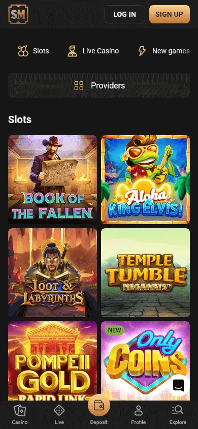 Slot Mafia Casino mobile game catalogue with pokies and live casino choices
