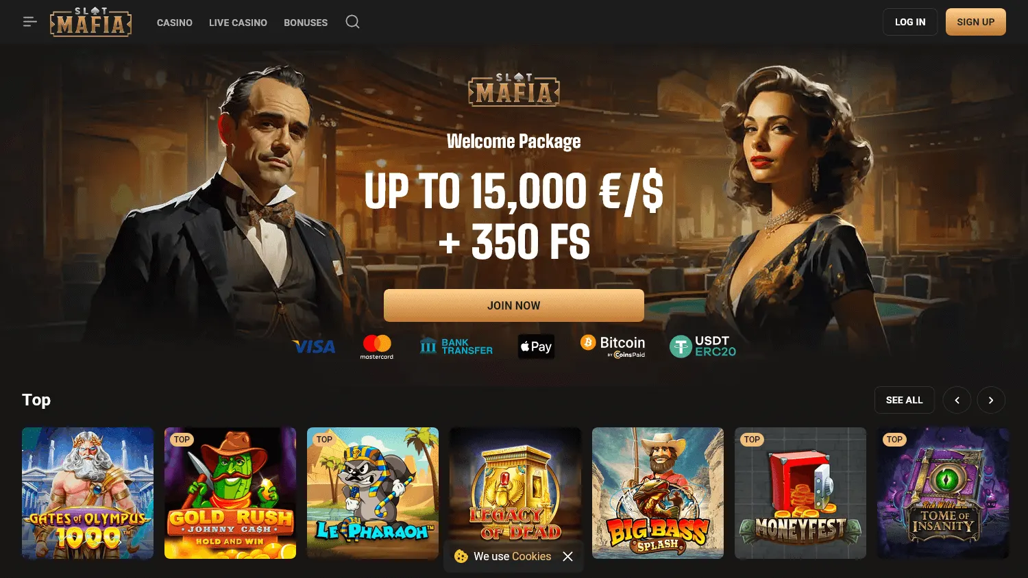 Slot Mafia Casino desktop game catalogue with pokies and casino categories